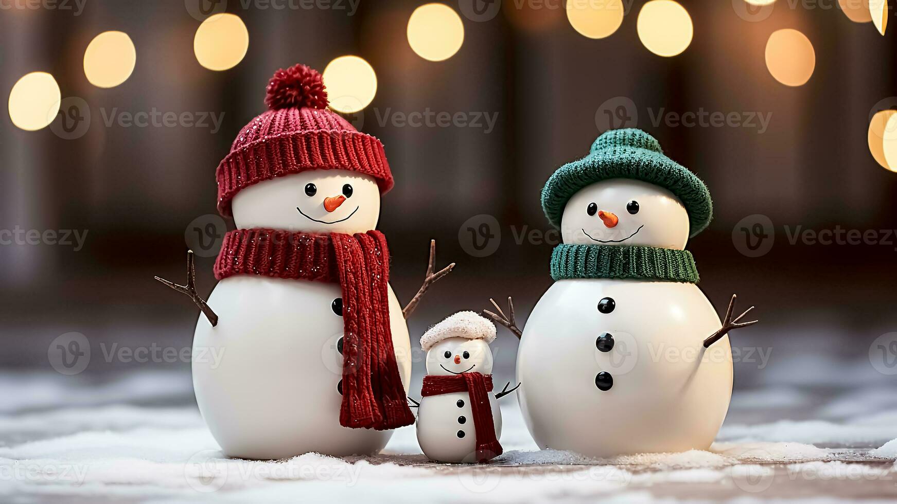 AI generated Christmas snowman family in knitted hats and scarves. Christmas and New Year concept. photo