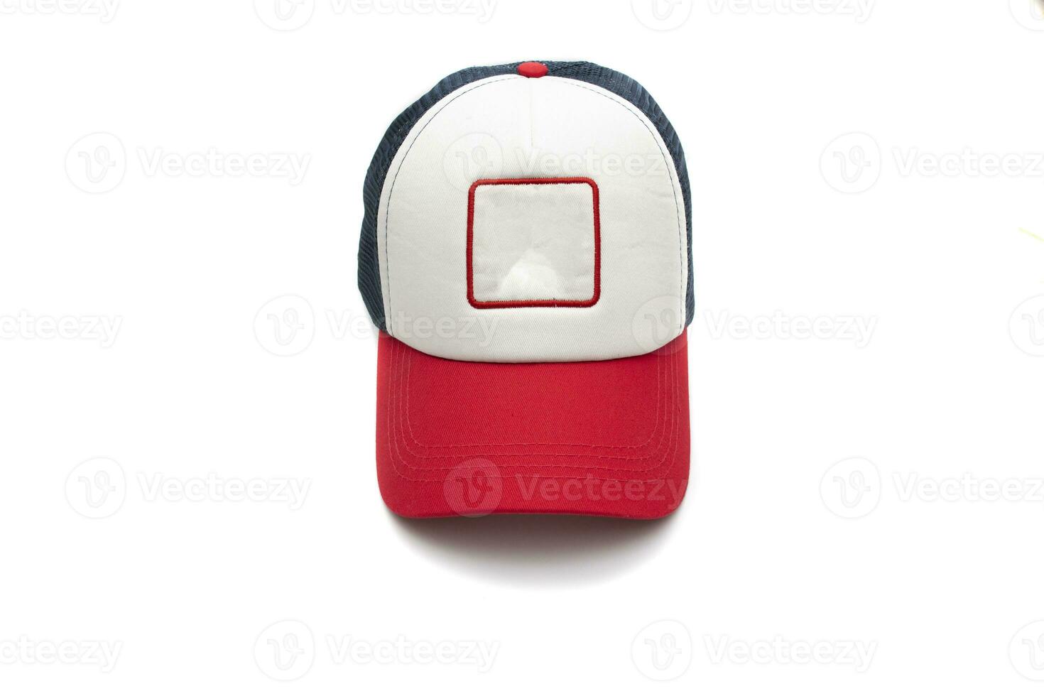 A navy blue, red, white baseball cap, isolated on white background. photo