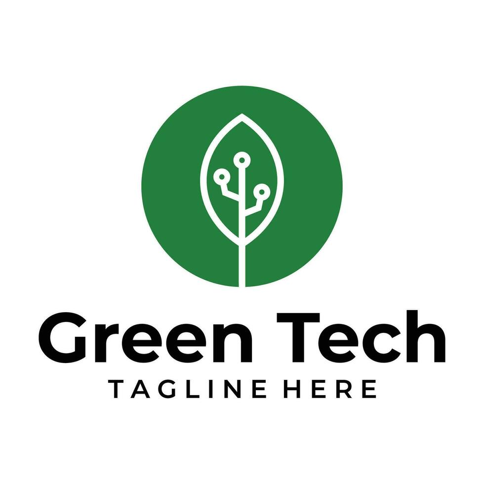 Green tech logo design template. leaf with digital data technology design graphic vector illustration