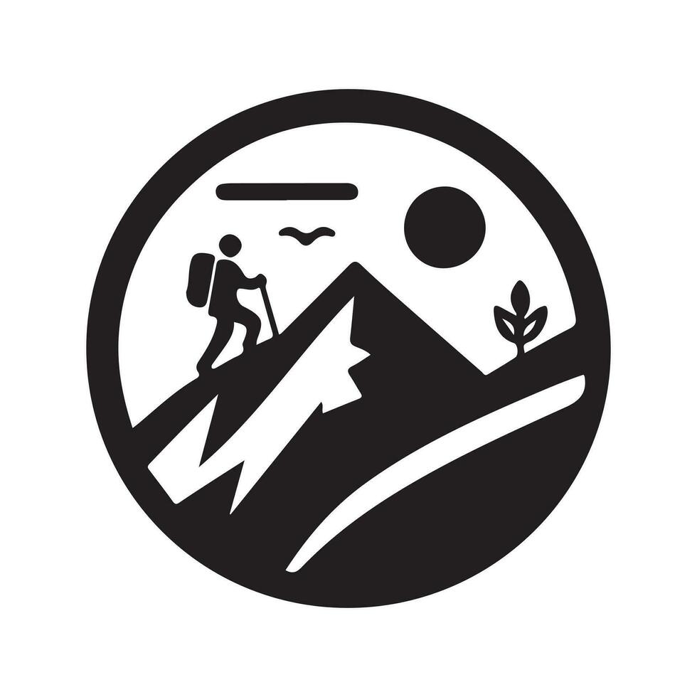 geometric monochrome illustration logo of mountain hiking vector