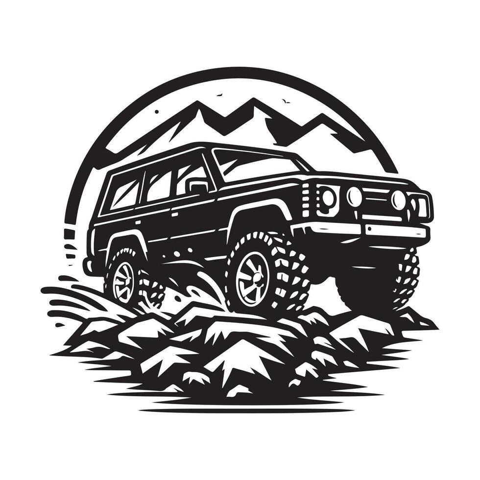 rustic hand drawn logo illustration of off road car vector