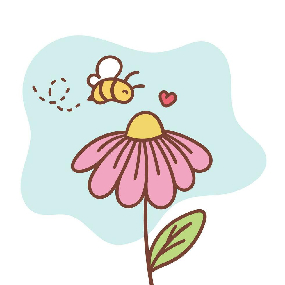 a cute bee flying towards a flower. flower and bee. hand hand drawing of a bee pollinating a flower. vector