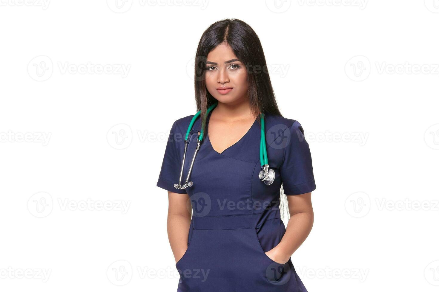 Portrait of young indian doctor woman with stethoscope around neck isolated on white background photo