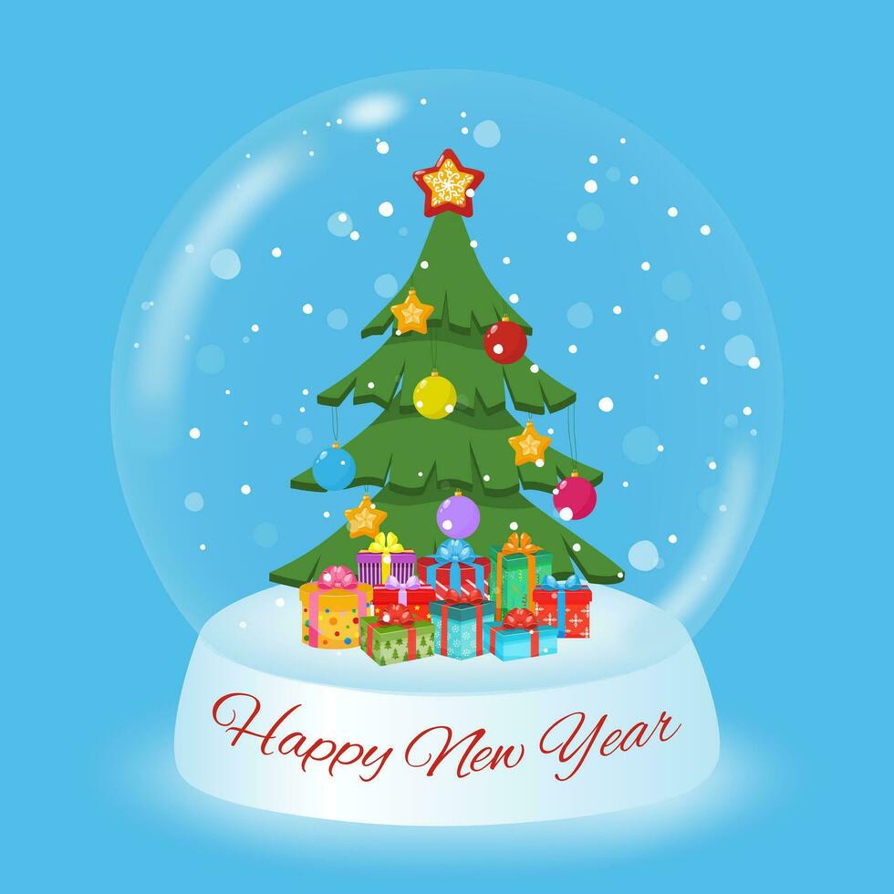 Greeting card with snow globe with Christmas tree with ornaments, gift boxes, snowflakes and snow. Christmas and New Year snow globe. Vector illustration.