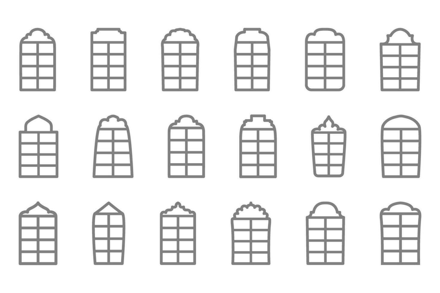 Set of silhouettes of vertical empty window frames. Arched window icons in flat style. Interior elements. Vector illustration.