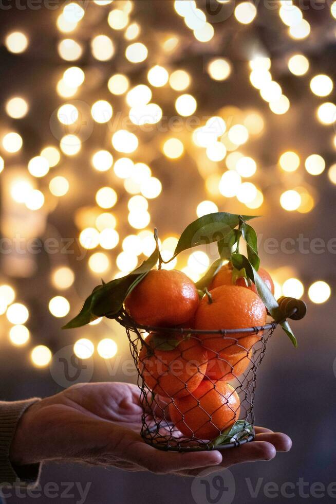 mandarinas en un malla Cubeta en un masculino mano en contra un antecedentes de brillante bokeh foto