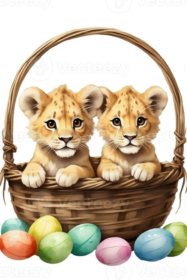 AI generated graphic of a baby lion in an Easter basket with Easter eggs photo