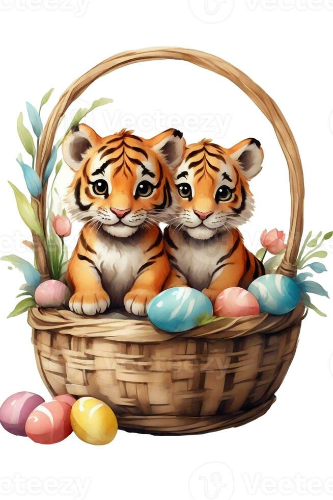 AI generated graphic of baby  triger  in an Easter basket with Easter eggs photo