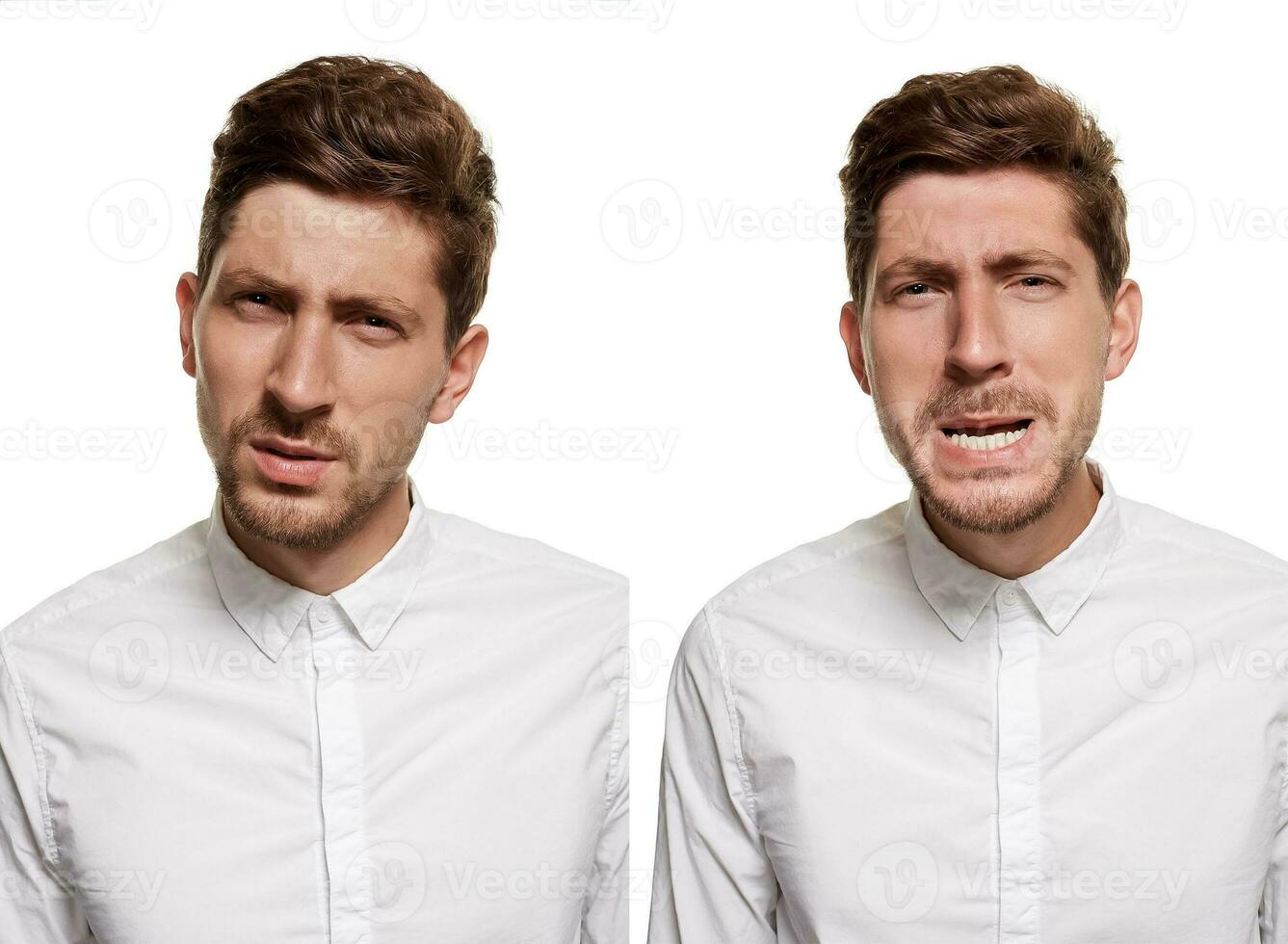 Handsome man in a white shirt makes faces, isolated on a white background photo