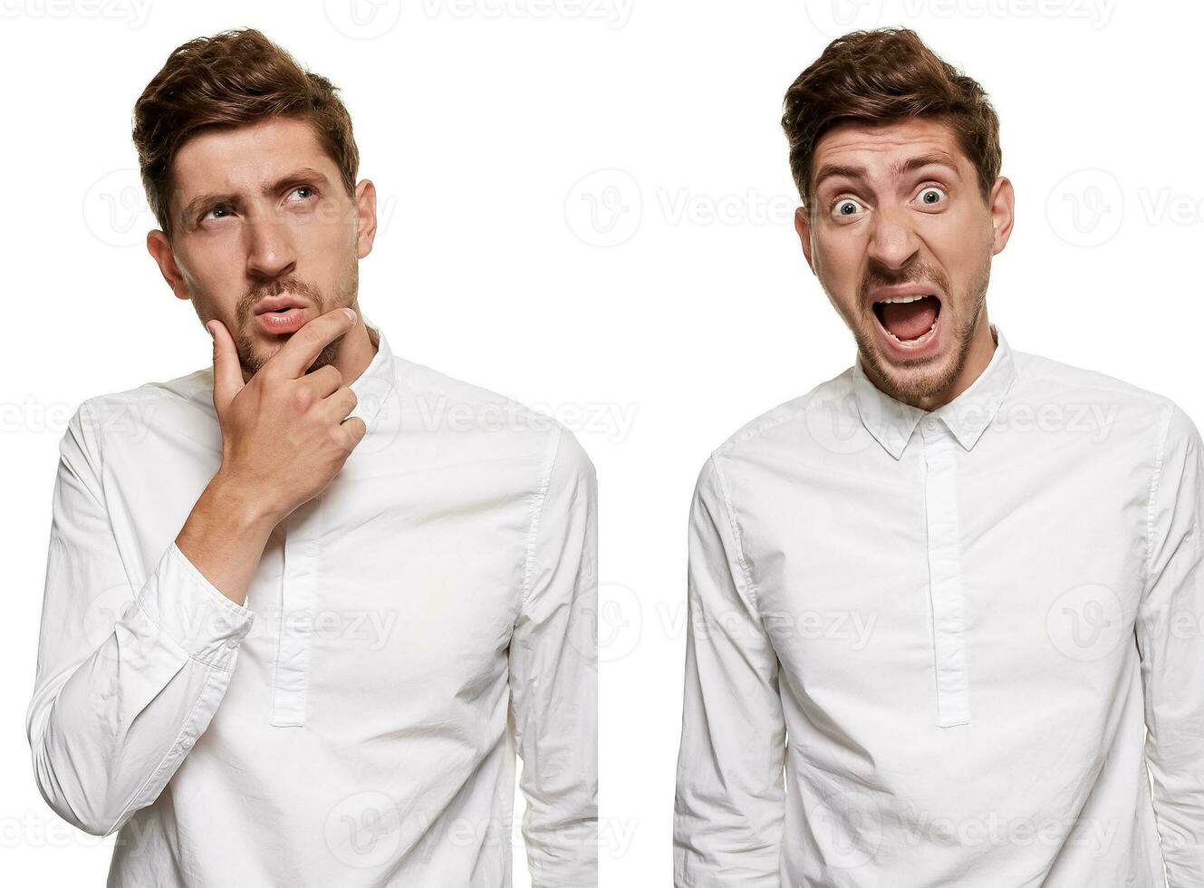 Handsome man in a white shirt makes faces, isolated on a white background photo