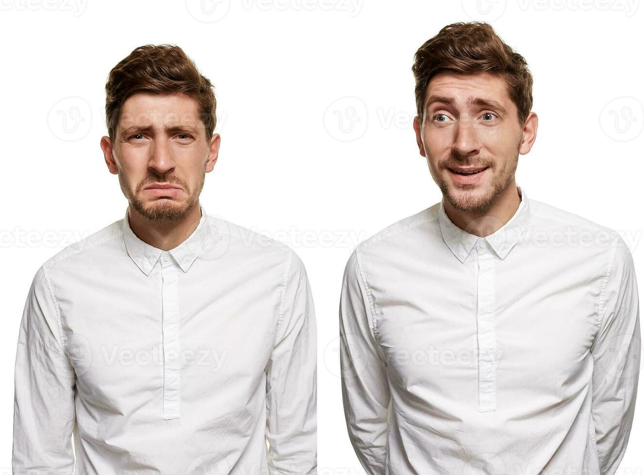 Handsome man in a white shirt makes faces, isolated on a white background photo