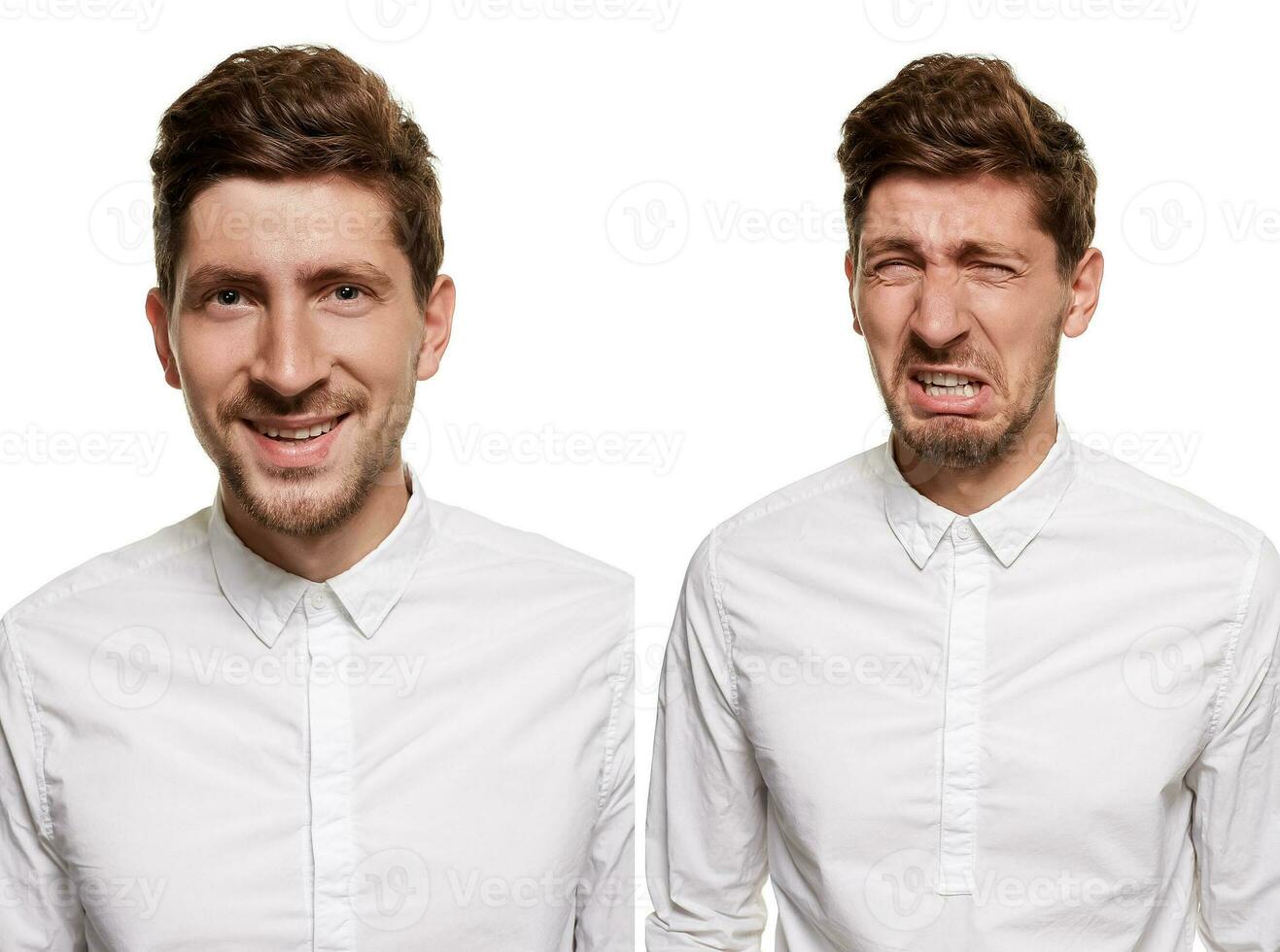 Handsome man in a white shirt makes faces, isolated on a white background photo