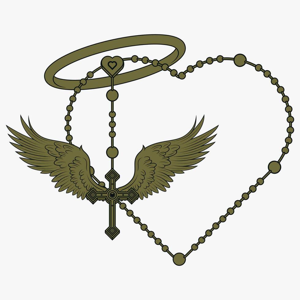 Vector design of winged cross with heart-shaped rosary, heart-shaped rosary with wings, symbology of the Catholic religion