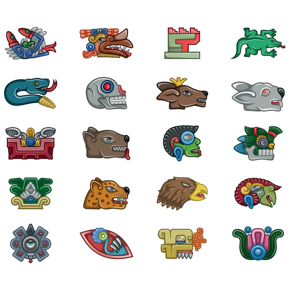 Vector design of symbols of ancient Aztec Civilization, hieroglyphs of the Aztec calendar