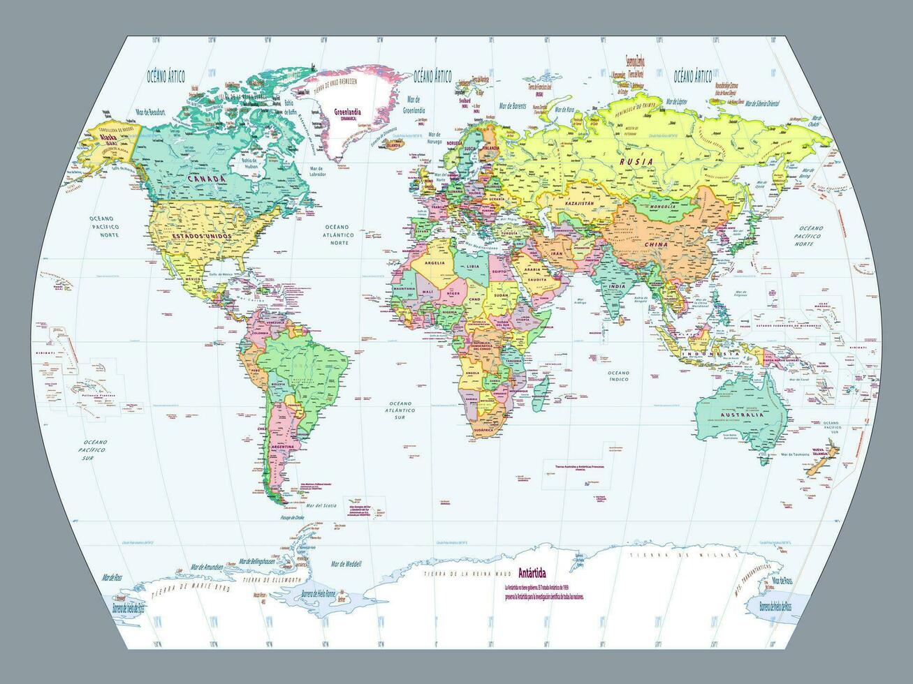 Spanish language political world map World times projection vector
