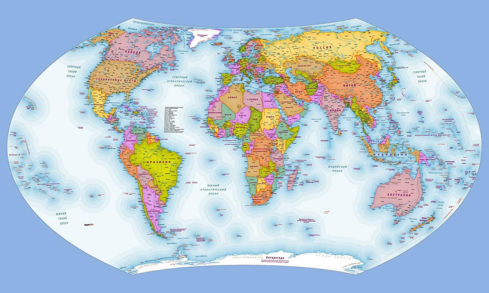 Russian language political world map Wagner VII projection vector