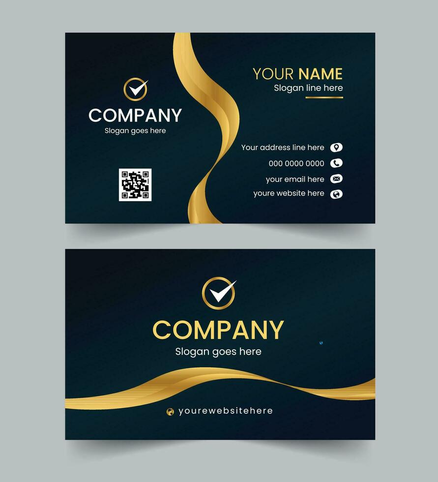 Modern black gold business card, Luxury business card design template. Elegant dark back background with abstract golden wavy lines shiny. Vector illustrationn.