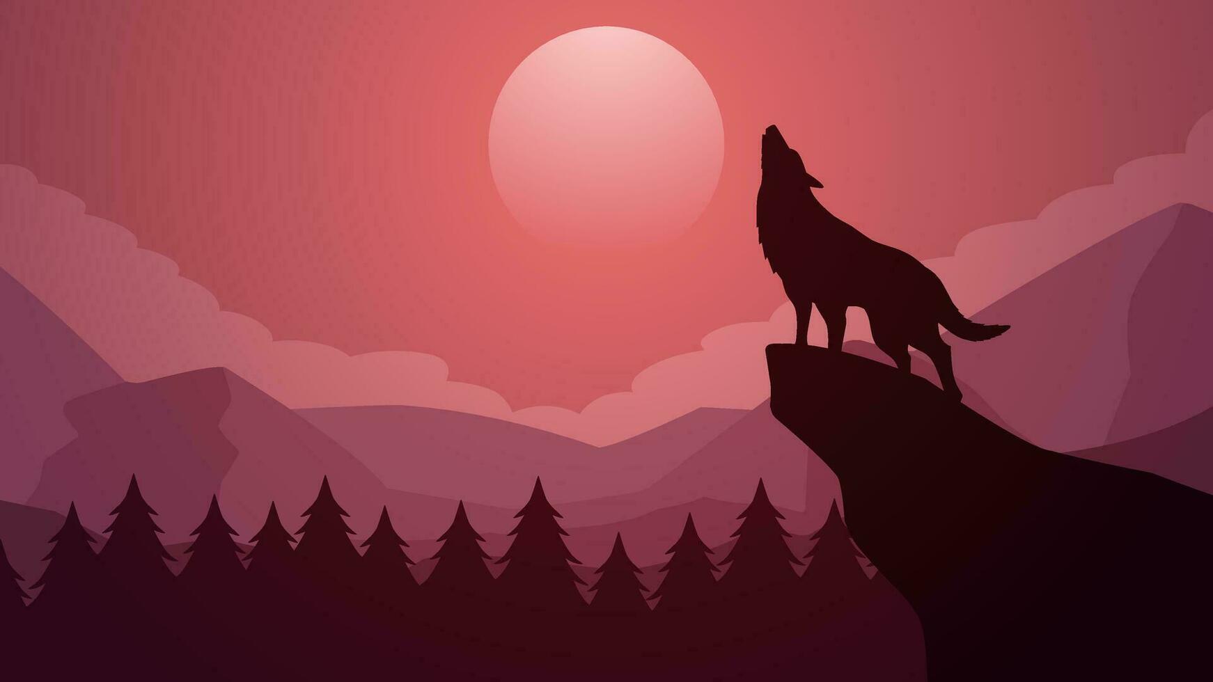 Wildlife wolf landscape vector illustration. Scenery of wolf howling silhouette in the cliff. Wolf wildlife landscape for illustration, background or wallpaper
