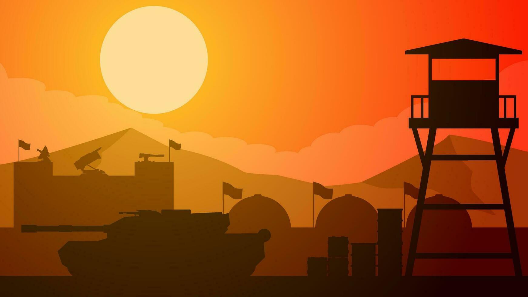 Military base landscape vector illustration. Silhouette of at military base with tank and watchtower. Military landscape for background, wallpaper or illustration. Barrack army and turret gun