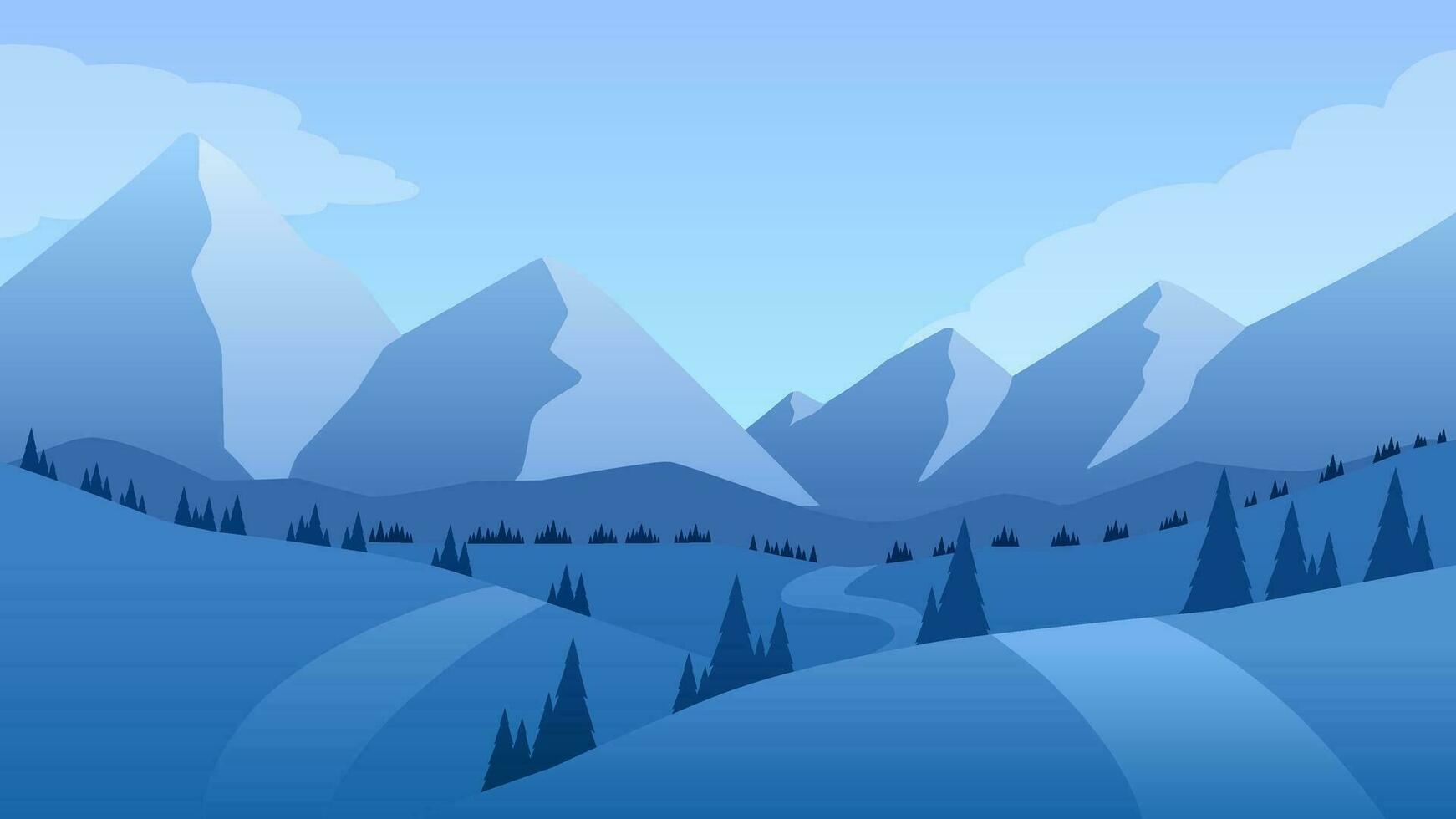 Snowy mountain landscape vector illustration. Scenery of  path to the mountain in the cold season. Winter mountain landscape for background, wallpaper or illustration