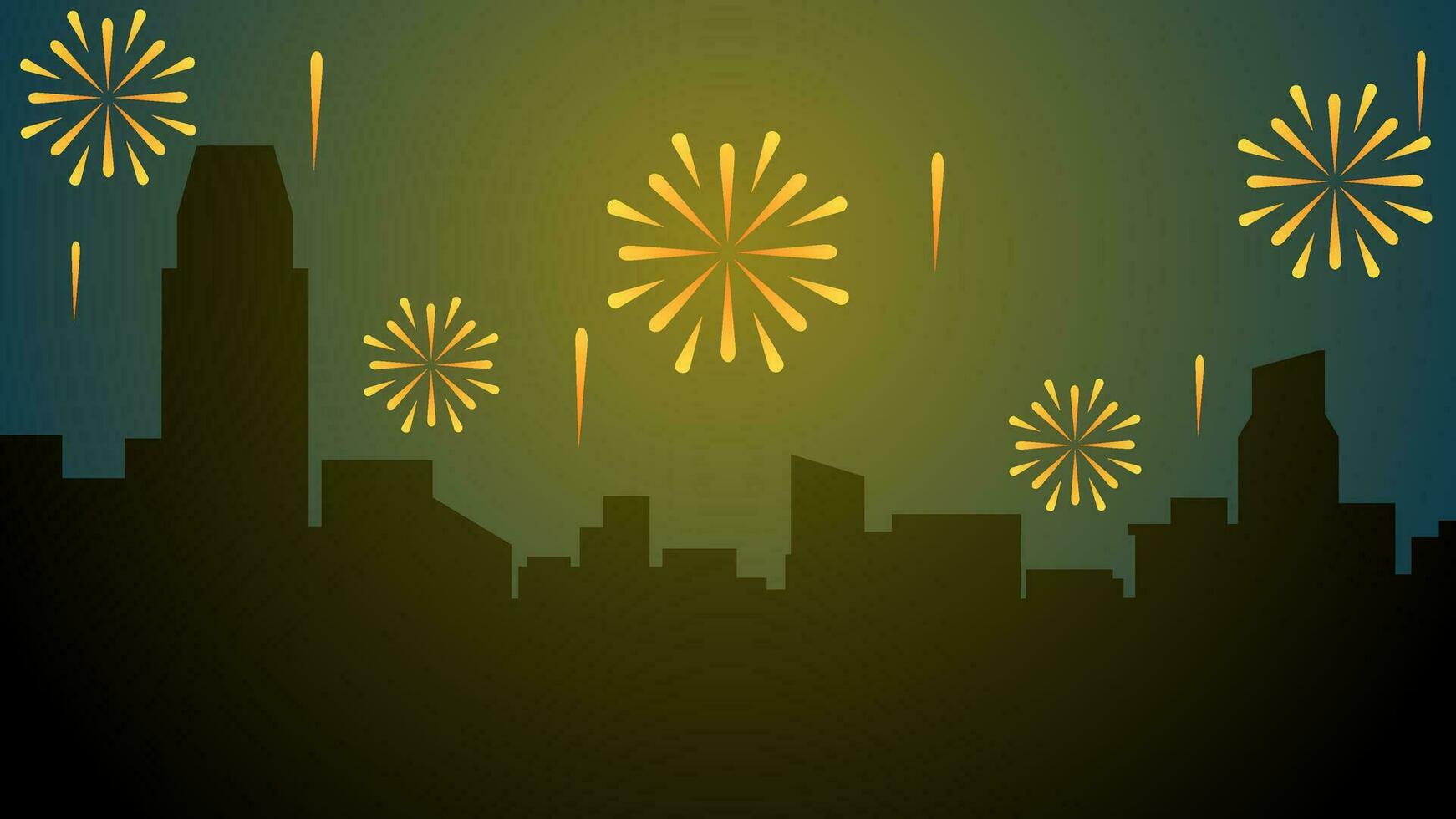 New year cityscape vector illustration. Scenery of city with sparkling fireworks in new year event. City landscape for illustration, background or wallpaper. City silhouette in the firework festival
