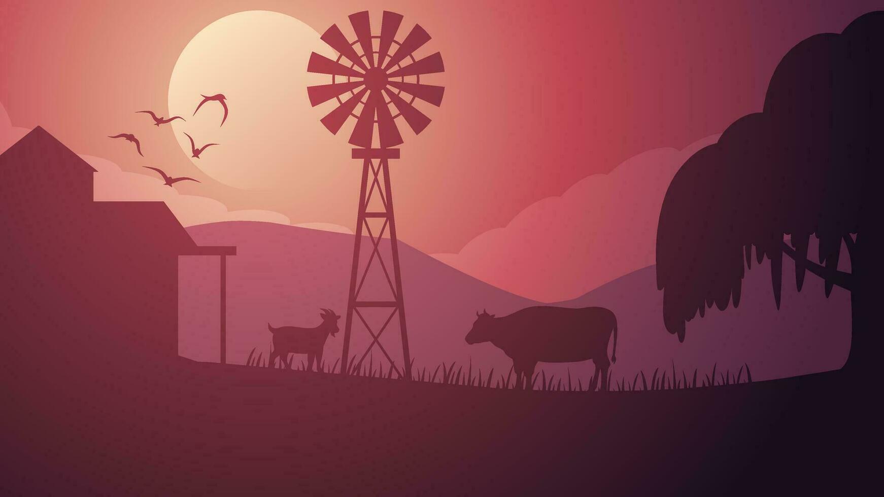 Farmland silhouette landscape vector illustration. Scenery of livestock cow and goat in the countryside farm. Rural landscape for illustration, background or wallpaper