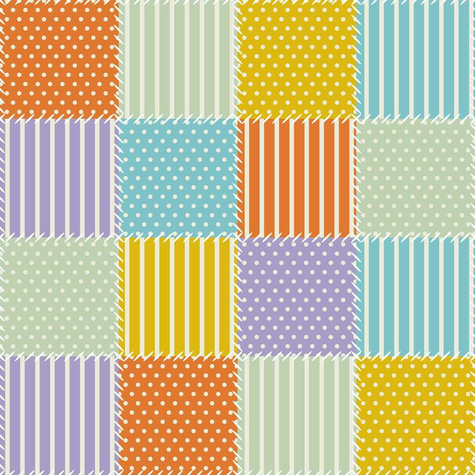 Colorful patchwork quilt pattern with polka dots and stripes in retro colors, ideal for background, fabric design or scrapbooking projects vector