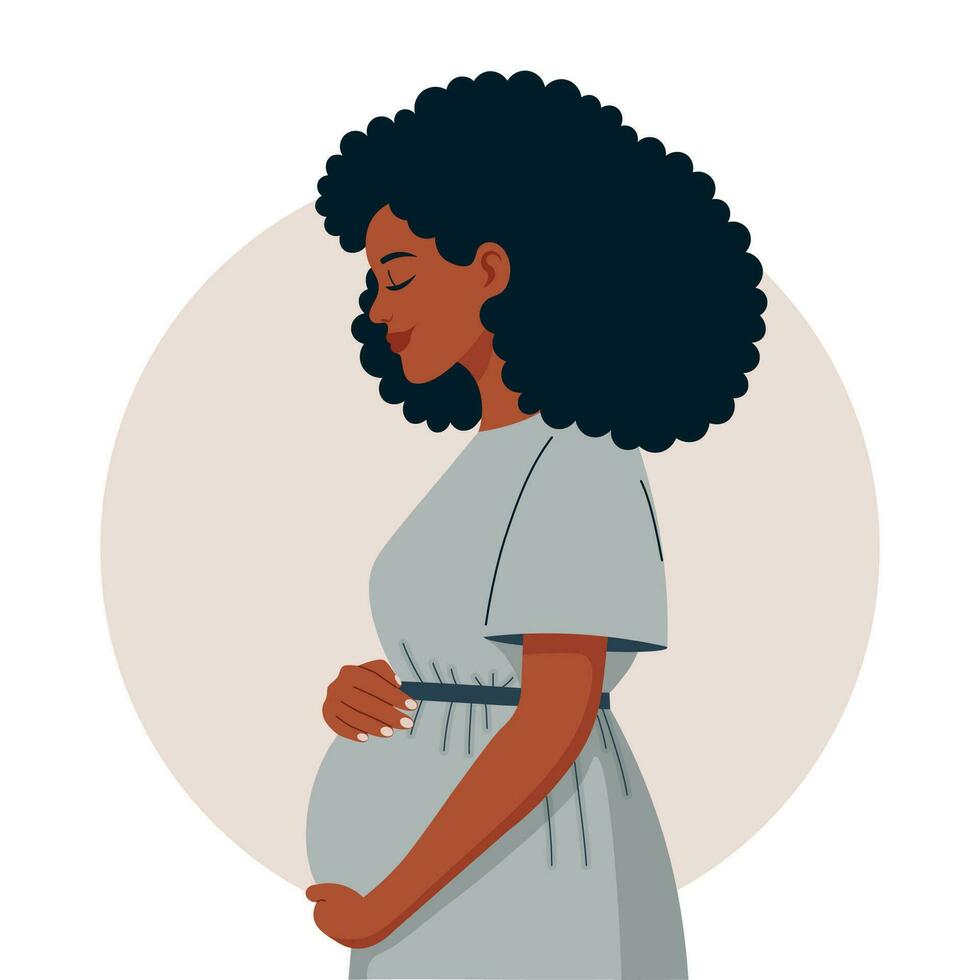 embarazada africano americano mujer perfil, moderno maternidad clipart, esperando madre vector ilustración en un amable pastel fondo.