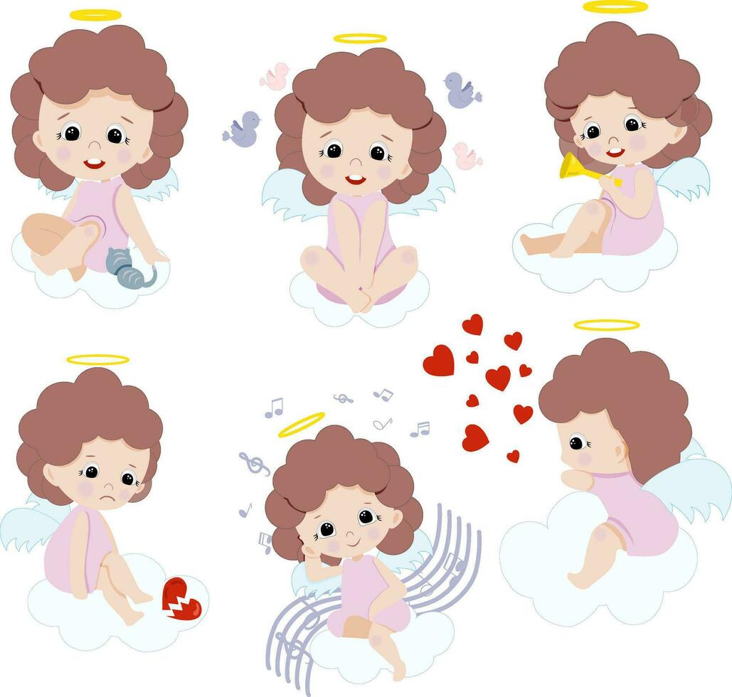 Set of cute cartoon angel girls. Element for print, postcard and poster isolate on a white background. Vector illustration