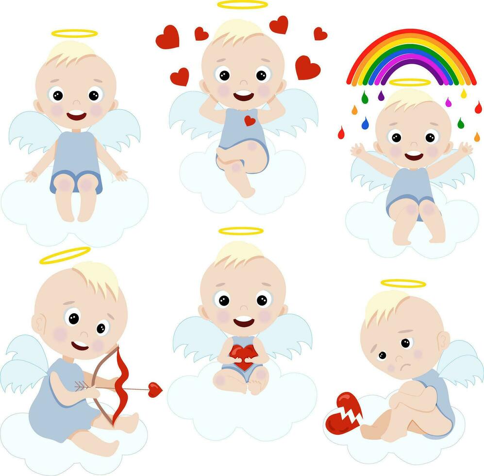 Set of cute cartoon angel boys. Element for print, postcard and poster isolate on a white background. Vector illustration