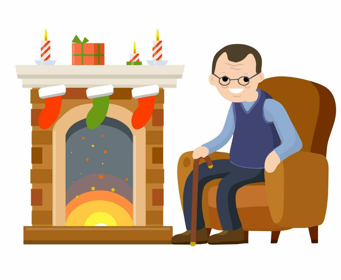 Old man sits in chair by fireplace. Senior celebrates new year and Christmas. Grandpa in nice cozy house. Room furniture and grandfather. Winter concept. Flat cartoon. Fire, box and sock with gift vector