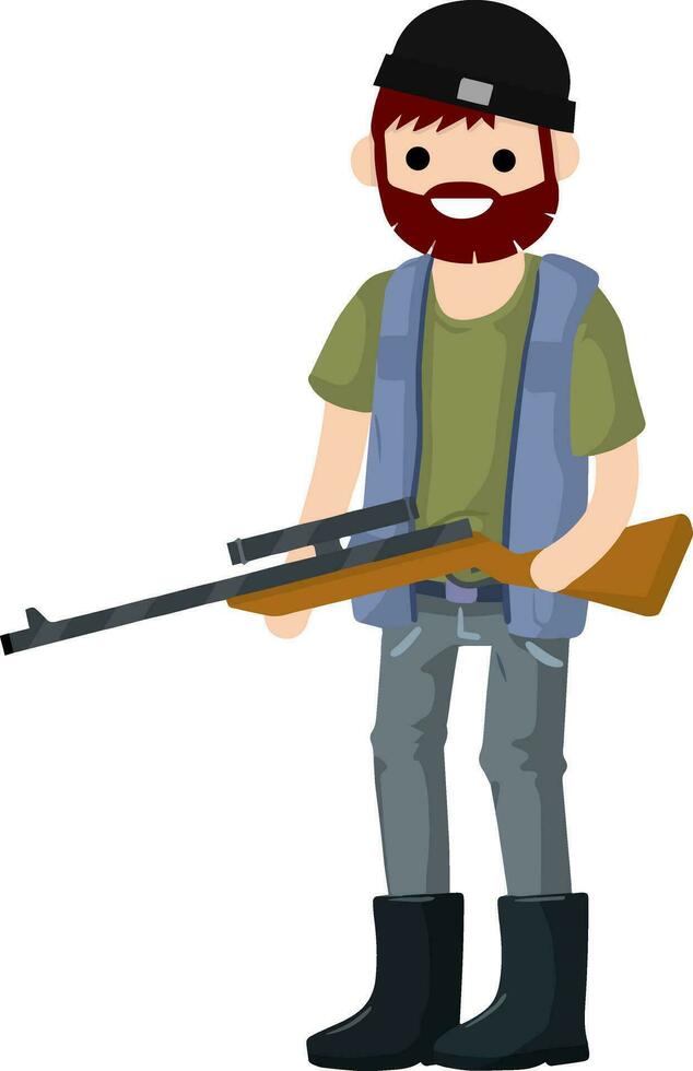 Man hunter with gun. Guy with rifle. Shooter and weapon. Cartoon flat illustration. Equipment for hunting animals vector