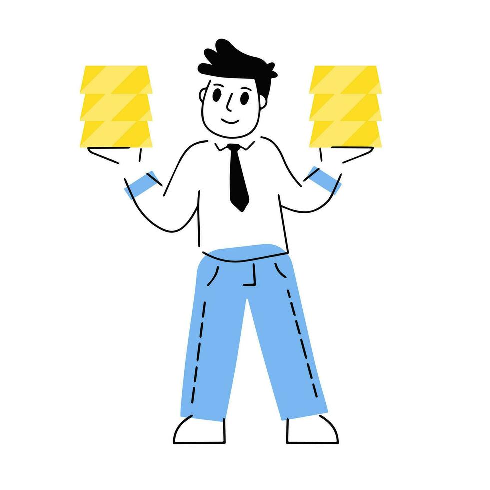 Investing in gold. Businessman with bunch of bullion. Stack of Yellow metal ingots. Growing wealth concept. Trade and deposit on stock exchange. Male manager character vector