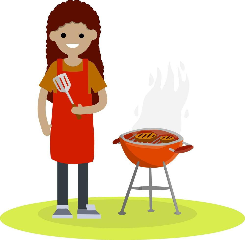 Man prepares barbecue meat on a grill over fire. cook guy in apron. element of lunch on nature. delicious hearty meal. steak, medium rare, food - Cartoon flat illustration vector