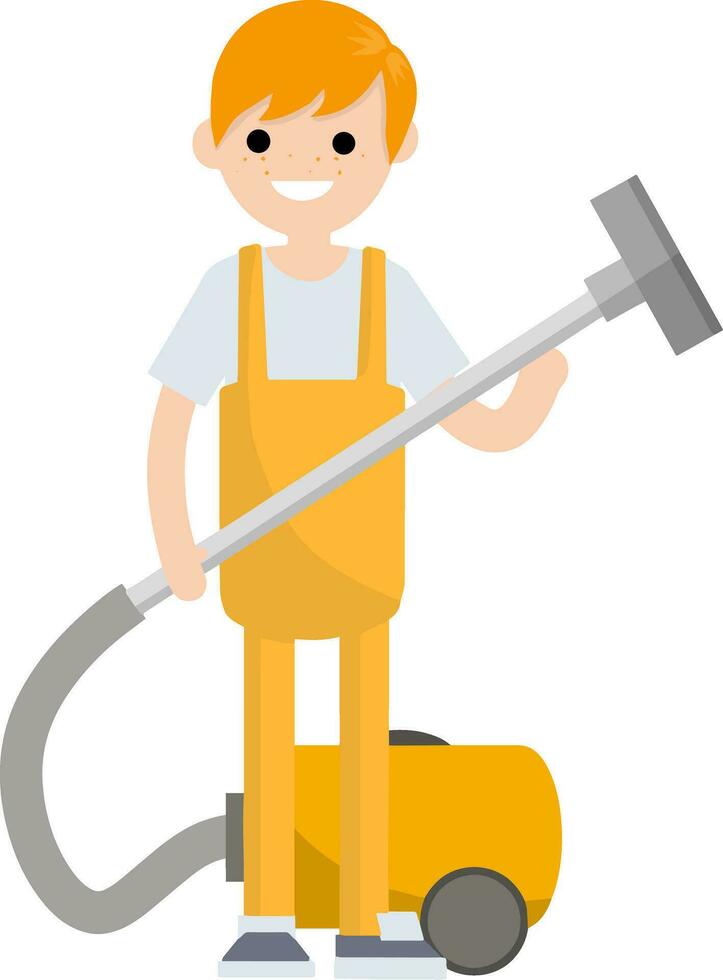 Cartoon flat illustration - cleaning from dust. Home vacuum cleaner. Household home appliances. A young man works at home, do cleaning in the jumpsuit vector