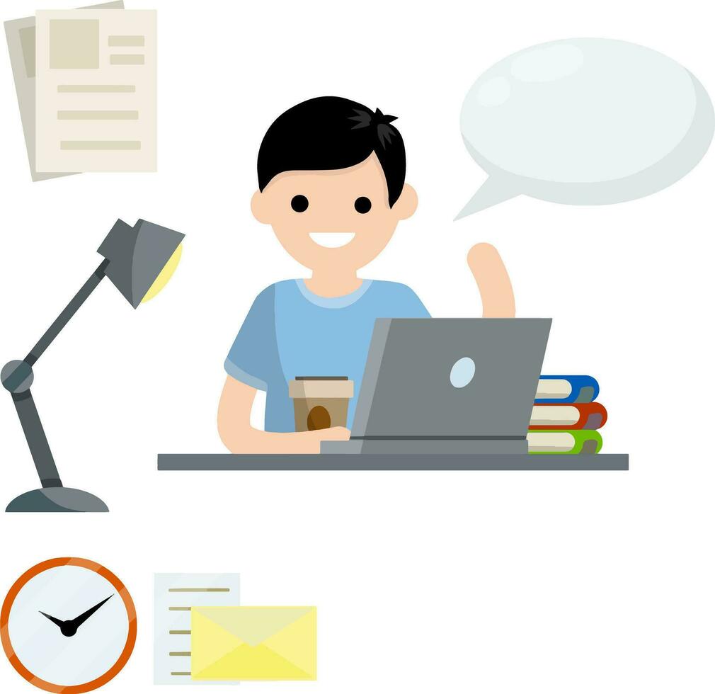 Man sits at table with laptop. Education and books. Conversation and speech. Set of business items. Clock, paper file document, lamp. Work freelance and programmer. Flat cartoon. Bubble text vector