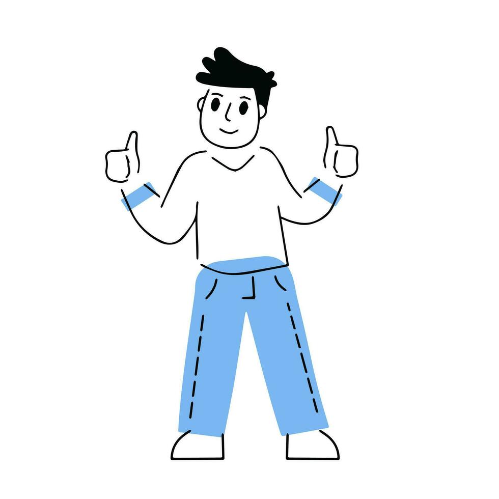 Man shows thumbs up. Young outline character with geometric minimalist shapes. Linear cartoon. Gesture of cool and very good vector