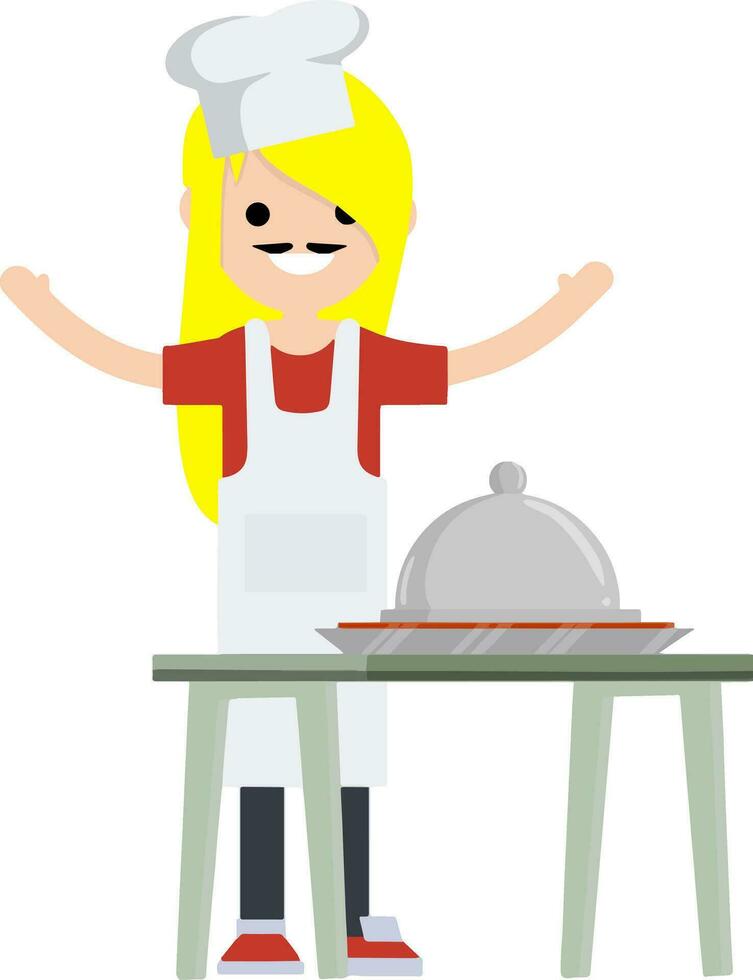 mujer en blanco delantal prepara alimento. mesa con plato y sabroso. elemento de café y restaurante. ama de casa en gorra cocinar dulce tarta. dibujos animados plano ilustración. trabajo de cocinero y camarero vector