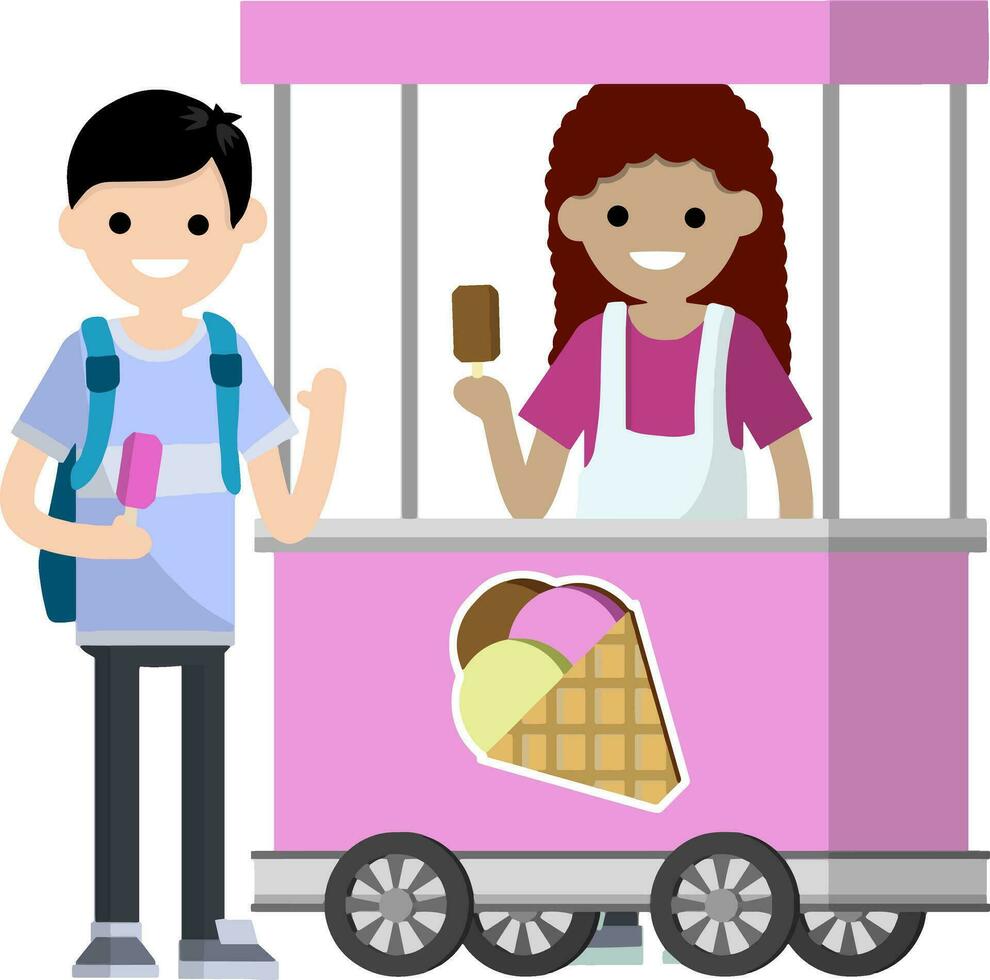 Man in cart with ice cream cone in hand. Trade sweet cold dessert. Small summer business on wheels. Sale and purchase of ice cream. Kid Woman and guy. Cartoon flat illustration vector