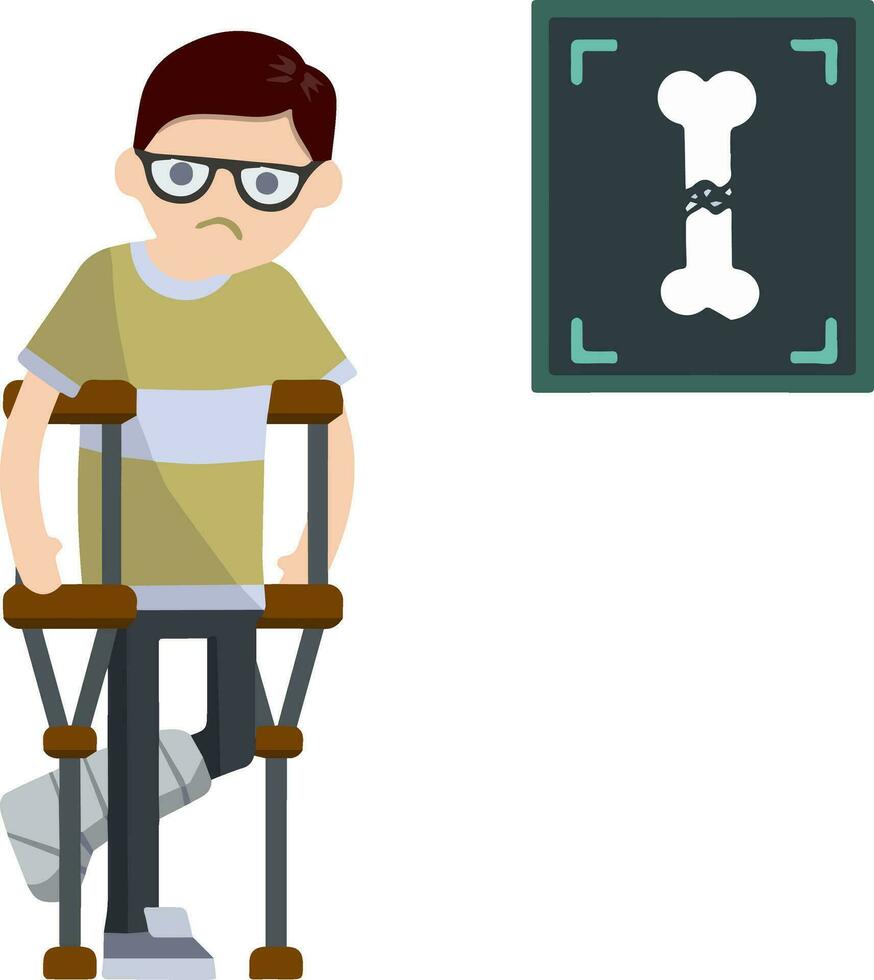 Broken leg. Man on crutches standing with plaster on his leg. The injured guy. The need for Medical care. Sick patient. Cartoon flat illustration vector