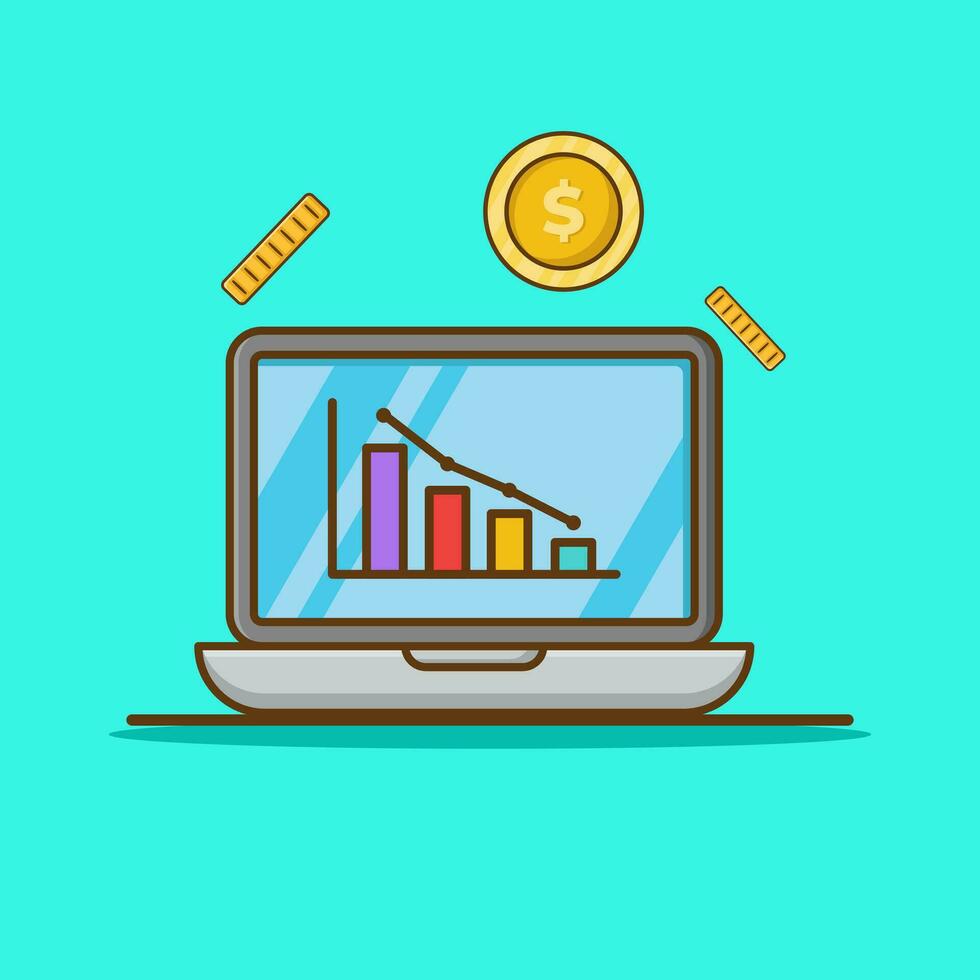 Laptop With Coin Money Vector Icon Illustration. Flat Cartoon Style Suitable for Web Landing Page, Banner, Flyer, Sticker, Card, Background