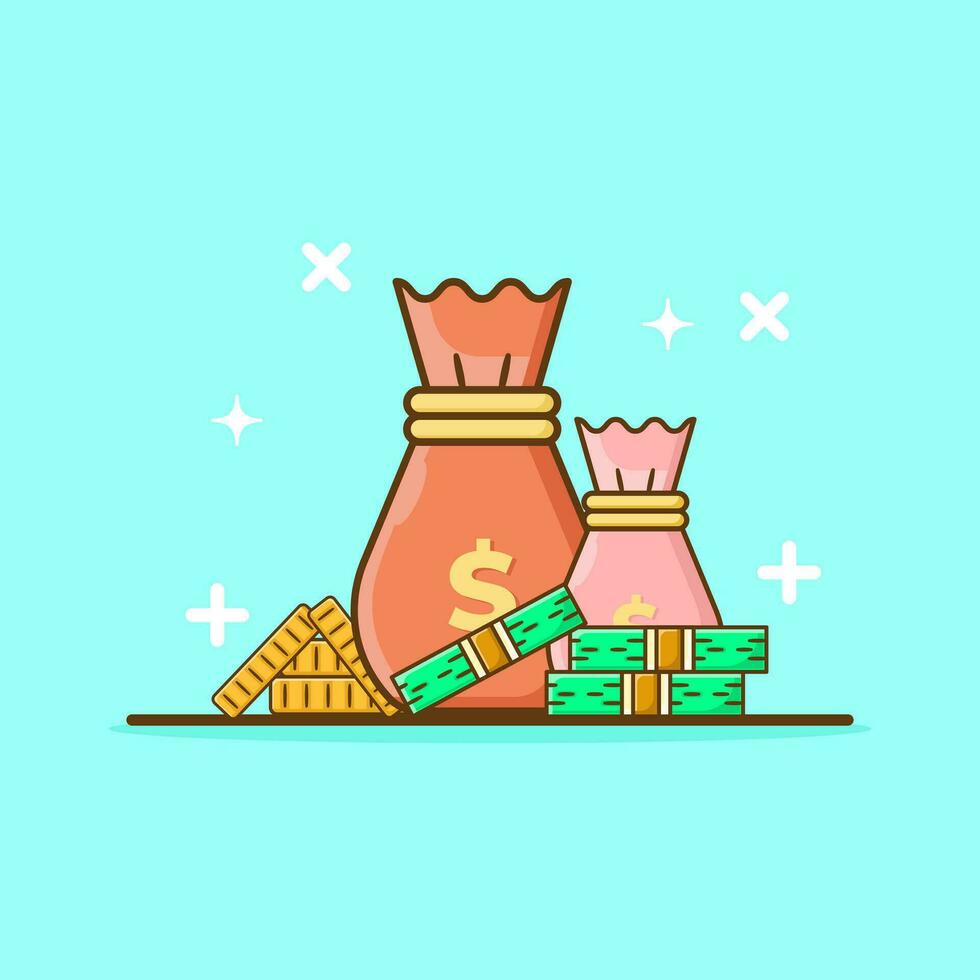 Bag With Money and Coin Vector Icon Illustration. Flat Cartoon Style Suitable for Web Landing Page, Banner, Flyer, Sticker, Card, Background