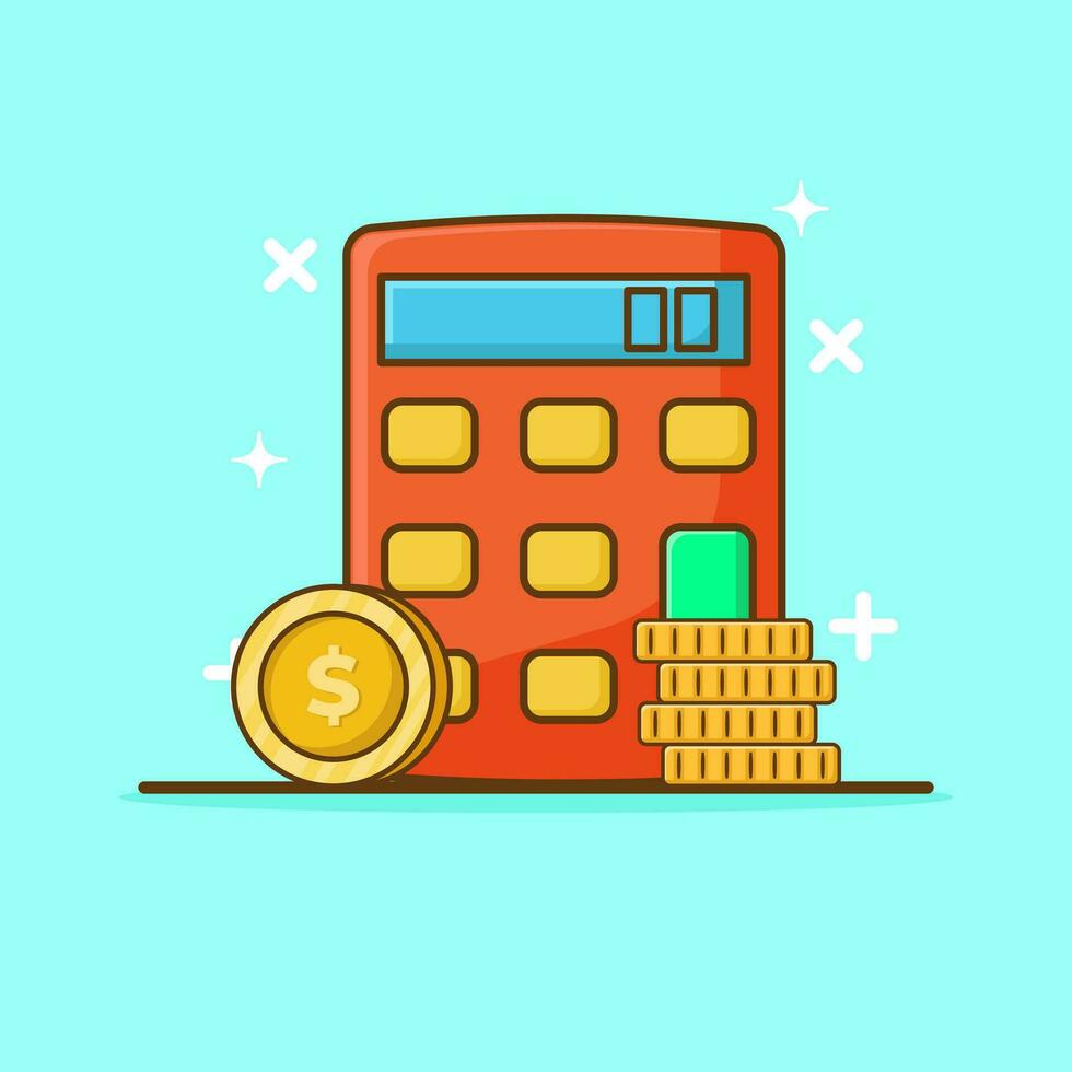 Calculator With Coins Vector Icon Illustration. Flat Cartoon Style Suitable for Web Landing Page, Banner, Flyer, Sticker, Card, Background