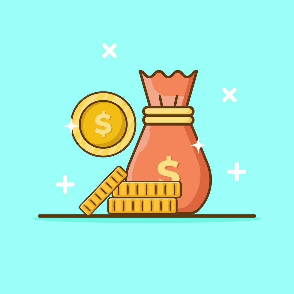 Bag With Coin Vector Icon Illustration. Flat Cartoon Style Suitable for Web Landing Page, Banner, Flyer, Sticker, Card, Background