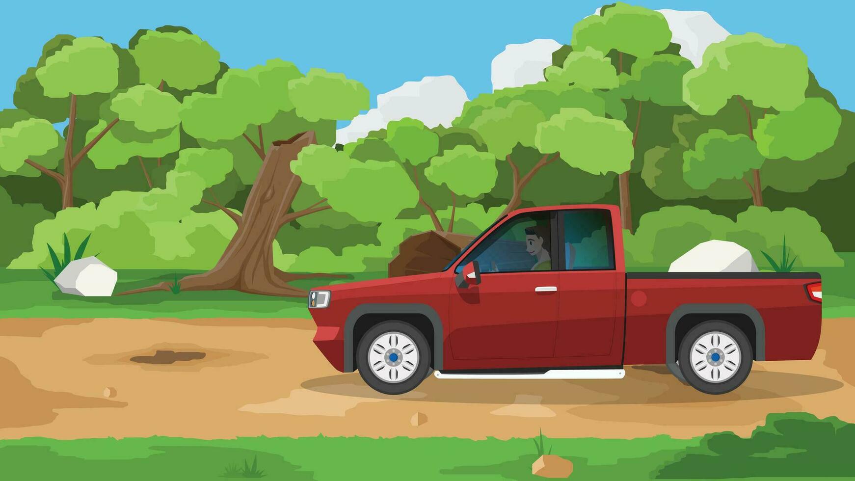 Cab pickup truck car red color with driving man drive on soil road. Backgrond of green forest under blue sky with white clouds. vector