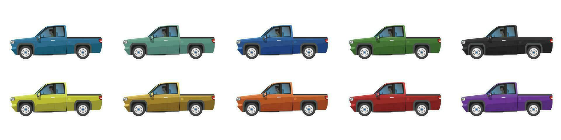 Vector or Illustrator of pickup cars colorful collection. Design of cargo single pickup truck with driving. Colorful cars with separate layers. On isolated two tone background.