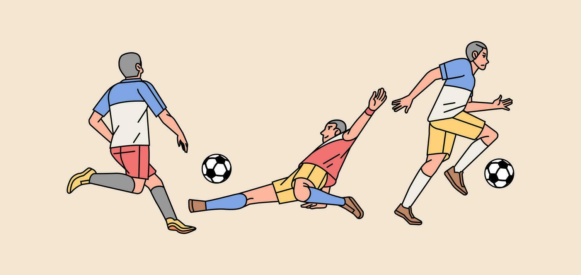 fútbol jugadores personaje en acción varios poses conjunto línea estilo ilustración vector