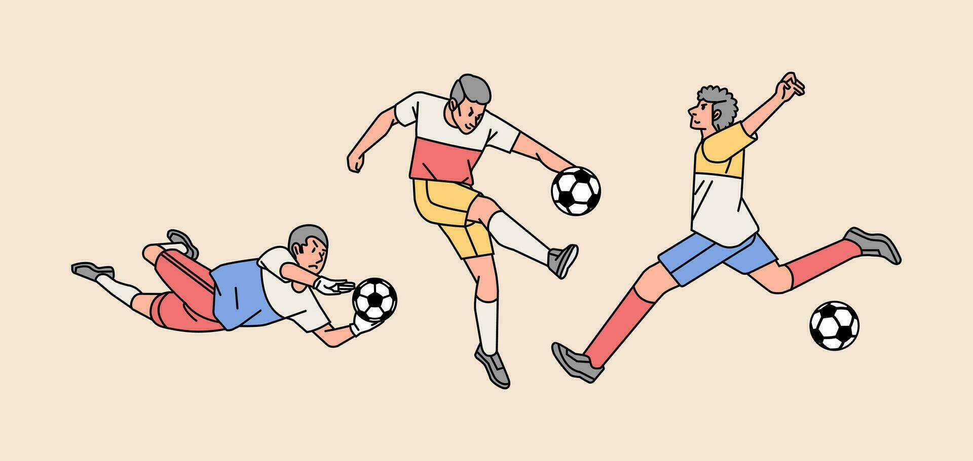 Soccer players character in action various poses set line style illustration vector