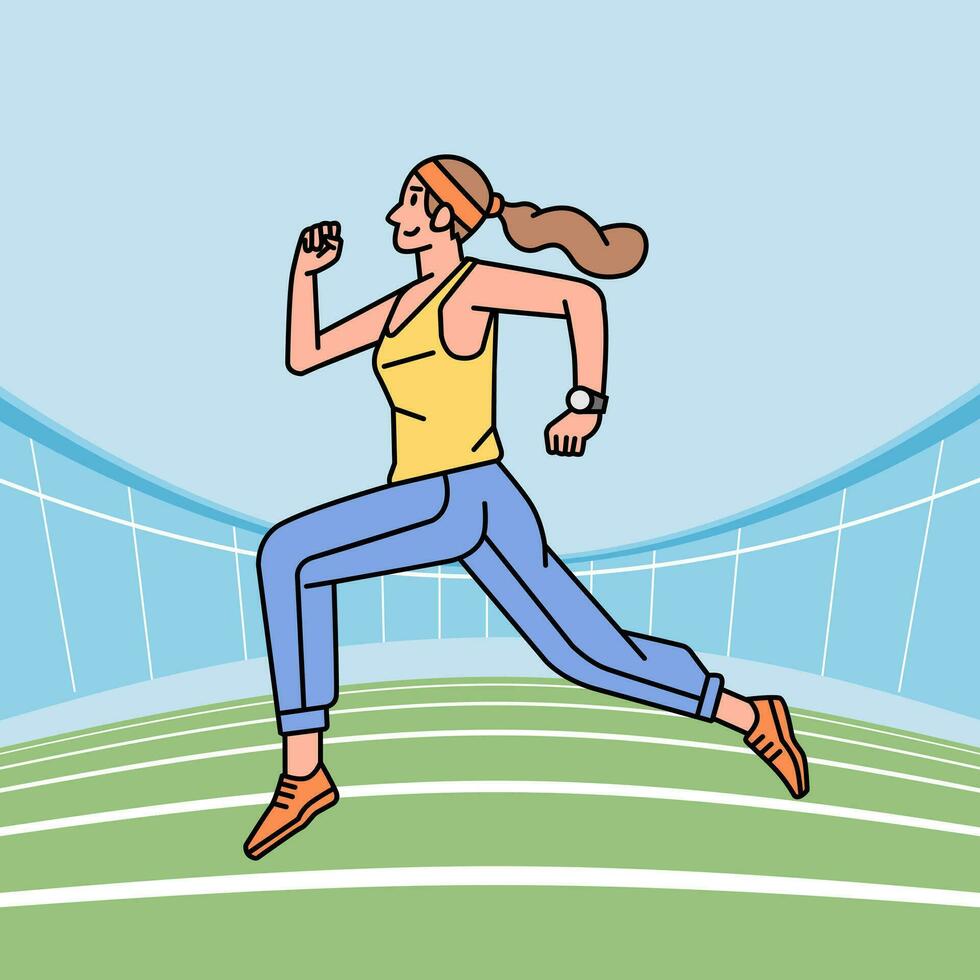 atlético mujer personaje rutina de ejercicio correr en estadio línea estilo ilustración vector