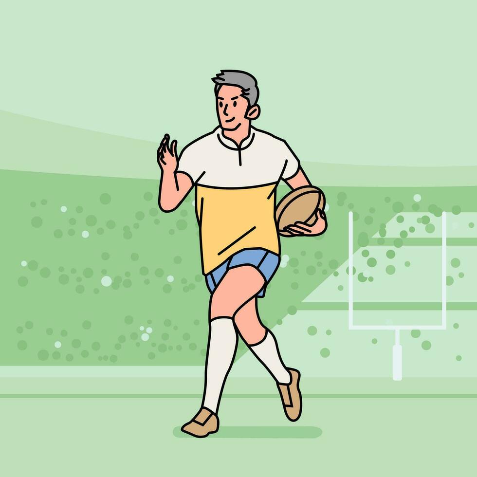 rugby fútbol americano personaje jugadores acción atleta campo línea estilo ilustración vector